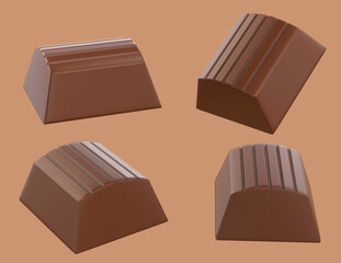 close up of chocolate pieces stack falling on white background. 3d illustration
