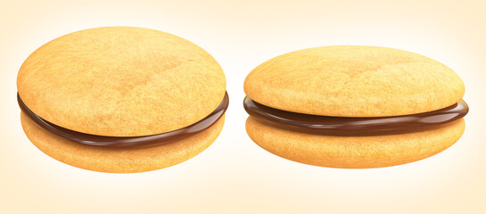 sandwich biscuit with chocolate filling. Chocolate filling cookie. 3d illustration. isolated background. clipping path.