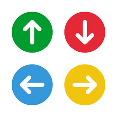 green up red down blue left yellow right arrows, round solid vector signs