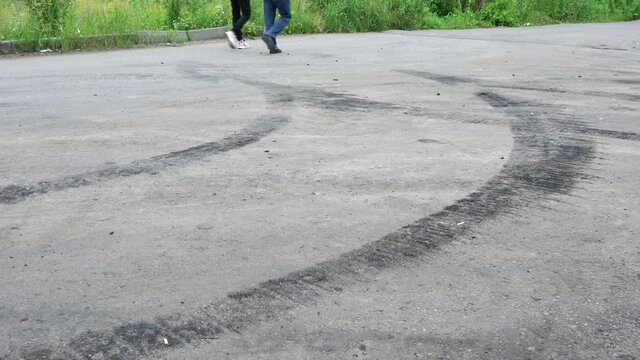 Tire tracks after braking on the asphalt