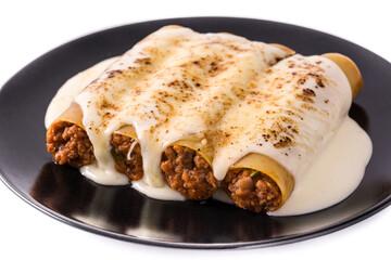 Delicious meat cannelloni pasta isolated on white background