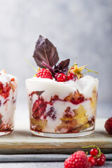 Trifle. Layered trifle dessert with sponge cake, whipped cream and raspberries in serving glasses on light  background. With copy space