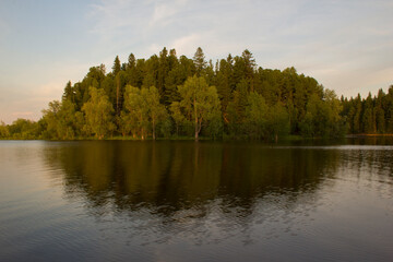 Tall trees growing on a small island are reflected in the calm waters of the river