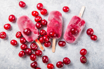 Homemade Vegan Cherry Popsicles with Coconut Milk. Summer food concept top view