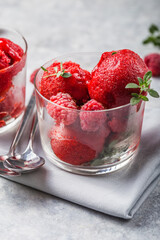Summer raspberry sorbet with fresh raspberries, selective focus image