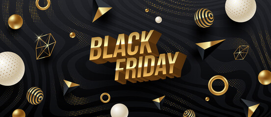 Black friday sale design. Golden metallic 3d letters on a black abstract striped background with golden geometric shapes. Vector illustration.