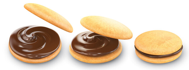 sandwich biscuit with chocolate filling. Chocolate filling cookie. 3d illustration. isolated background. clipping path.