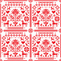 Traditioneel kruissteek vector naadloos rood en wit patroon - repetitieve achtergrond geïnspireerd door Duitse oude stijl borduurwerk met bloemen en dieren