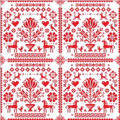 Wallpaper murals Red Traditional cross-stitch vector seamless red and white pattern - repetitive background inspired by German old style embroidery with flowers and animals 
