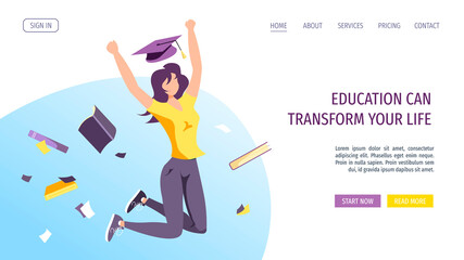 Web page design for Studying, training, education, e-learning, courses, university, graduating. Woman with graduate cap and books. Vector illustration for poster, banner, website.