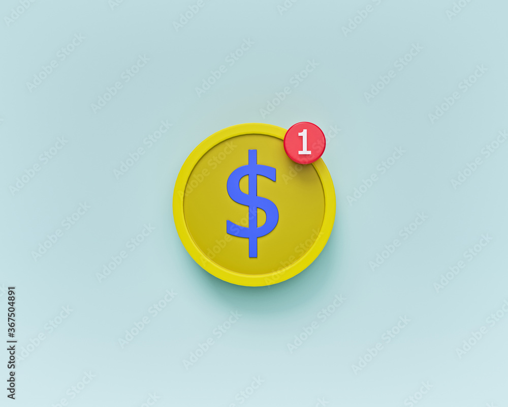 Poster cartoon style dollar coin and notification icon. minimal design. payment notification concept. 3d re