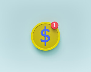 cartoon style dollar coin and notification icon. minimal design. Payment notification concept. 3d rendering