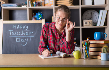 Formal education. Teacher pretty woman enjoy educational process in classroom. Teachers day.  (Soft...