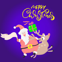 Merry Christmas dry brush lettering. Santa Claus riding a deer. Holiday greeting card.