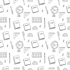 Seamless pattern school supplies, vector illustration, hand drawing