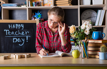 Formal education. Teacher pretty woman enjoy educational process in classroom. Teachers day.  (Soft...