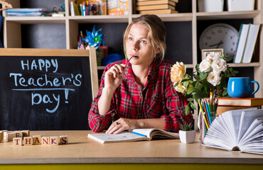 Formal education. Teacher pretty woman enjoy educational process in classroom. Teachers day.  (Soft...