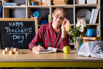 Formal education. Teacher pretty woman enjoy educational process in classroom. Teachers day.  (Soft...