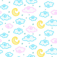 Striped Moon, pink and blue clouds with dot texture and stars on a white background. Vector seamless pattern for kid's wallpaper, wrapping paper, packaging, printing on fabric, textile, clothes, bags