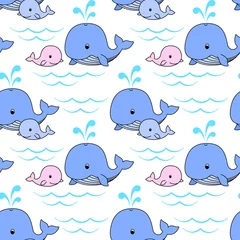 Zelfklevend Fotobehang Moederwalvis en babywalvis zwemmen op de golven, blauwe en roze walvissen op een witte achtergrond. Vector naadloos patroon voor wikkel, inpakpapier, verpakking, kinderbehang, bedrukking op stof, kleding © KuraitennoDesign