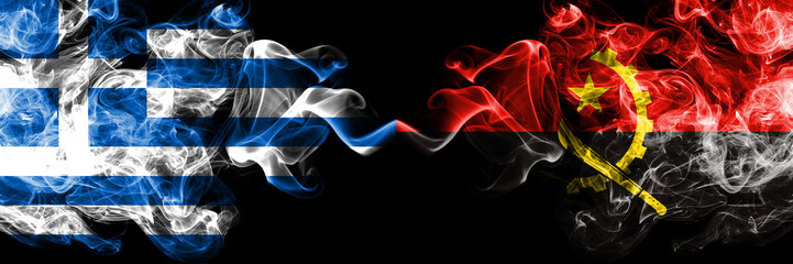 Greece vs Angola, Angolan smoky mystic flags placed side by side. Thick colored silky abstract smoke flags.