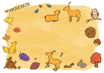 秋の背景と動物の手描きイラスト Wall Mural Wallpaper Murals いなみ