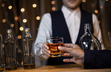 Bartender Serve Whiskey, on wood bar,