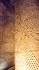 Details hieroglyphics on large column of Edfu Horus temple uplight in hall