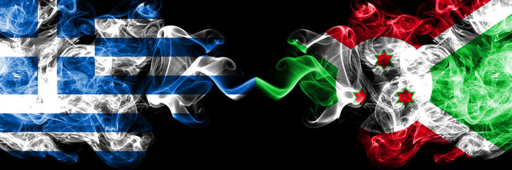 Greece vs Burundi, Burundian smoky mystic flags placed side by side. Thick colored silky abstract smoke flags.