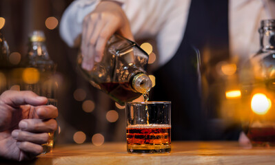 Bartender Serve Whiskey, on wood bar,