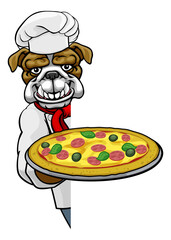 A bulldog chef mascot cartoon character holding a pizza peeking round a sign