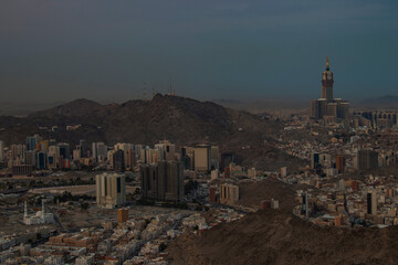Fototapeta premium Panoramic skyline view of Mecca city from Jabal Nur. Skyline with Abraj Al Bait. Royal Clock Tower in Makkah