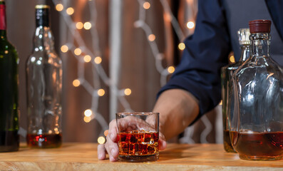 Bartender Serve Whiskey, on wood bar,