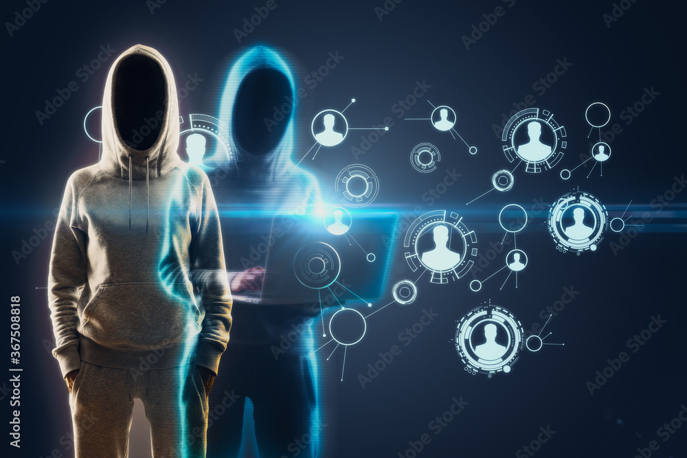 Poster two hacker with laptop and glowing social media interface