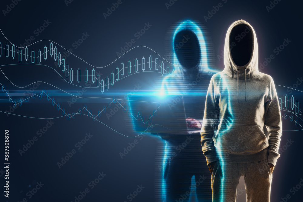 Aufkleber two hacker with laptop and glowing forex chart interface