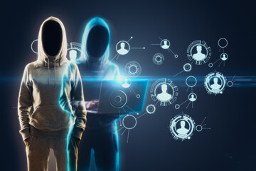 Two hacker with laptop and glowing social media interface