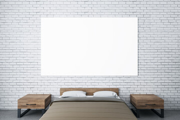 Bedroom interior with brown cover and empty poster on wall.