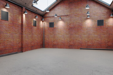 Modern warehouse interior with red brick and daylight