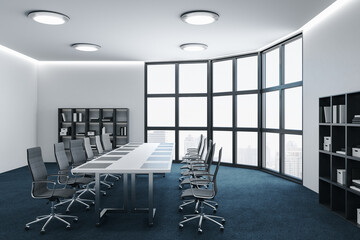 Minimalistic white conference room interior with furniture