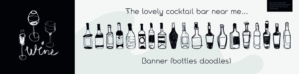 Horizontal restaurant banner with wine bottles doodle in trendy line art style. Homemade cooking with Cooking utensils vector. Cooking courses banner. Wine icons for bar poster, local wine event