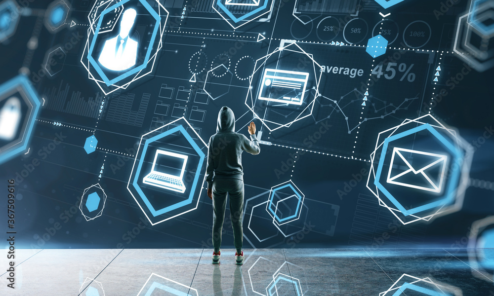 Aufkleber Hacker in hoodie using creative glowing cloud email map network hologram