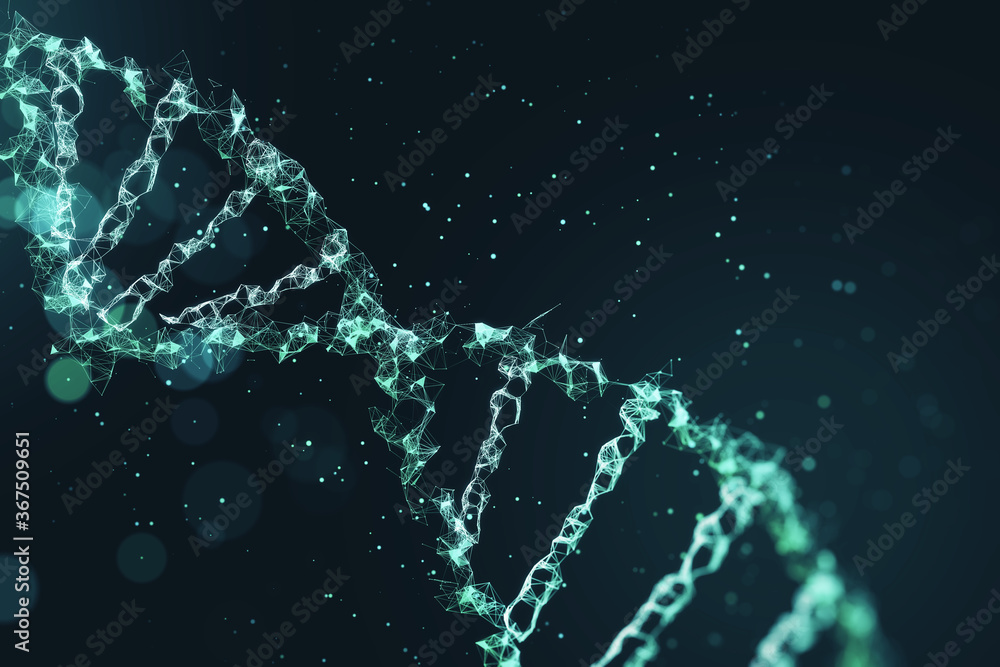 Poster digital dna spirals at abstract technology checkered background.