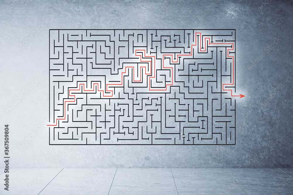 Poster drawing maze sketch with red arrow