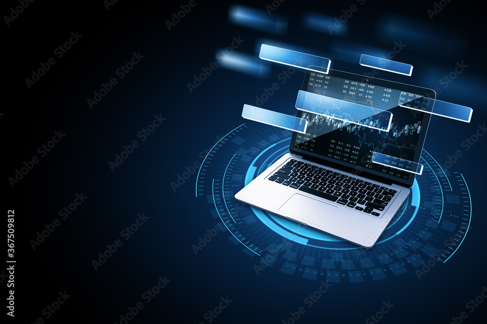 Poster Laptop computer with stock chart and financial analytics.