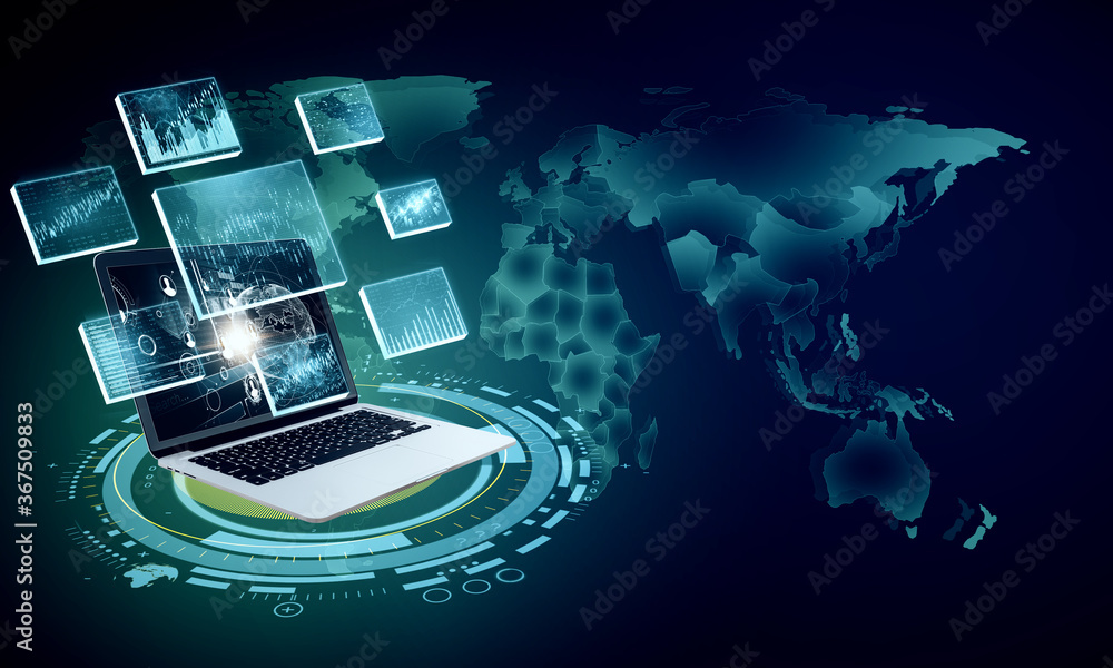 Poster laptop with stock chart and remote work interface.