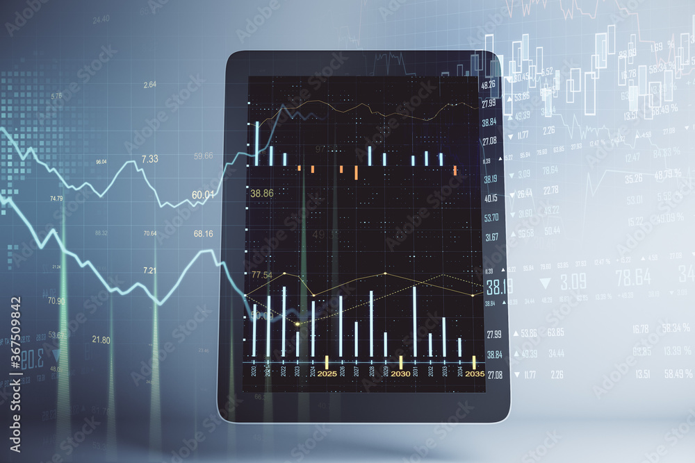 Poster side view of tablet with creative stock chart
