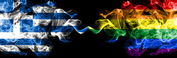 Greece vs Gay pride smoky mystic flags placed side by side. Thick colored silky abstract smoke flags.