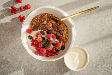 Breakfast chocolate oatmeal porridge with Labneh middle eastern lebanese cream cheese. Delicious...