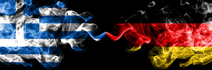 Greece vs Germany, German smoky mystic flags placed side by side. Thick colored silky abstract smoke flags.