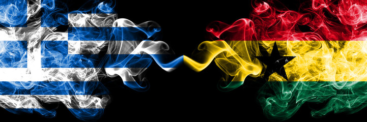 Greece vs Ghana, Ghanaian smoky mystic flags placed side by side. Thick colored silky abstract smoke flags.